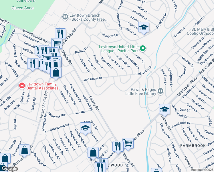 map of restaurants, bars, coffee shops, grocery stores, and more near 73 Roundwood Lane in Levittown