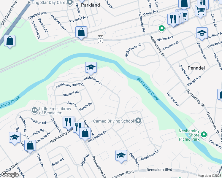 map of restaurants, bars, coffee shops, grocery stores, and more near 3100 Addison Court in Bensalem