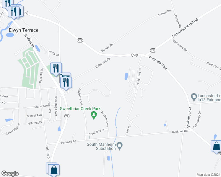 map of restaurants, bars, coffee shops, grocery stores, and more near 6197 Bayberry Avenue in Manheim