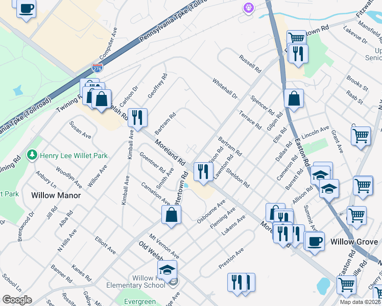 map of restaurants, bars, coffee shops, grocery stores, and more near 1 Fitzwatertown Road in Willow Grove