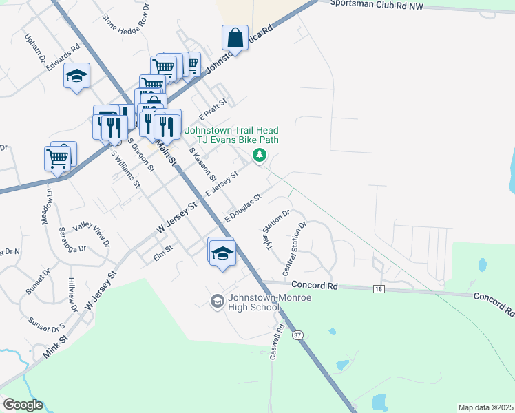 map of restaurants, bars, coffee shops, grocery stores, and more near 85 East Douglas Street in Johnstown