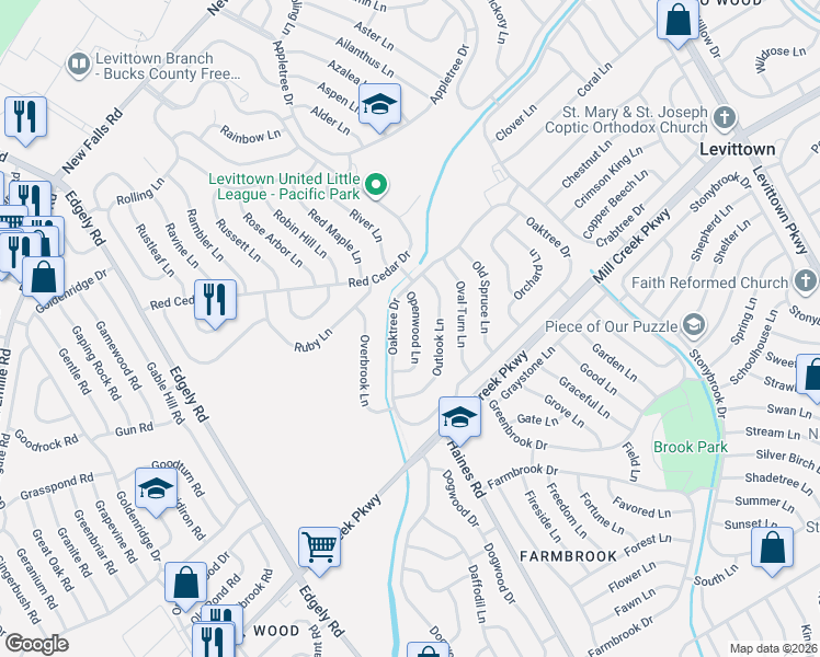 map of restaurants, bars, coffee shops, grocery stores, and more near 20 Openwood Lane in Levittown