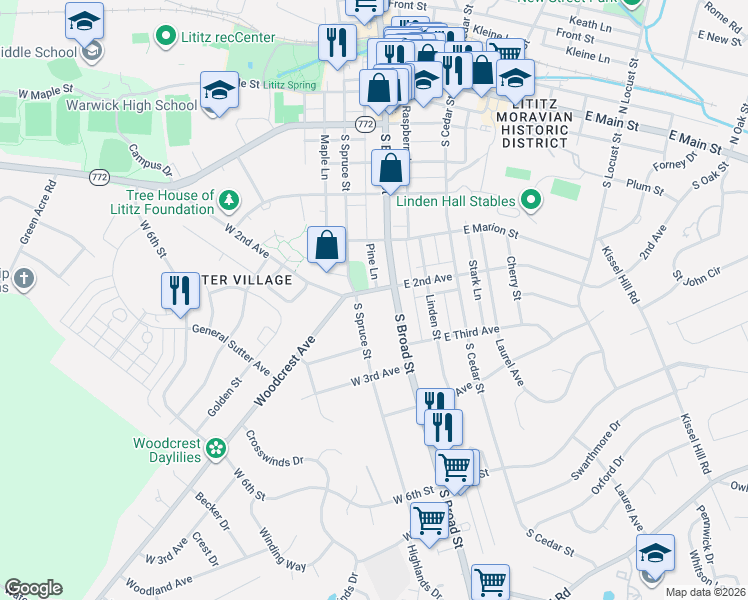 map of restaurants, bars, coffee shops, grocery stores, and more near 415 South Spruce Street in Lititz