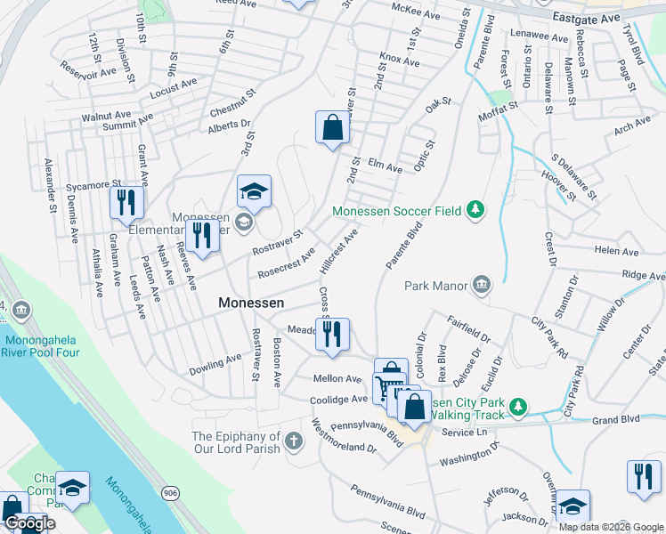 map of restaurants, bars, coffee shops, grocery stores, and more near 1572 Cross Street in Monessen