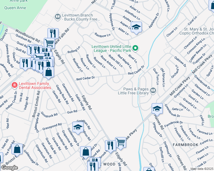 map of restaurants, bars, coffee shops, grocery stores, and more near 20 Ruby Lane in Levittown