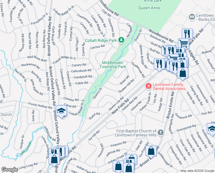 map of restaurants, bars, coffee shops, grocery stores, and more near 24 Quaker Hill Road in Levittown
