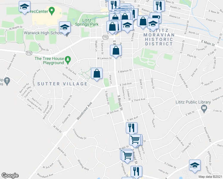 map of restaurants, bars, coffee shops, grocery stores, and more near 3 West 2nd Avenue in Lititz