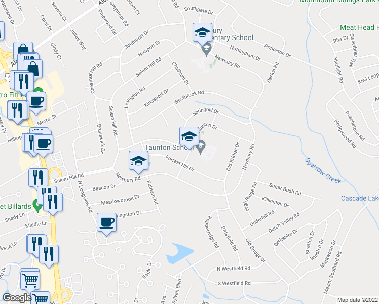 map of restaurants, bars, coffee shops, grocery stores, and more near 16 Forrest Hill Drive in Howell Township
