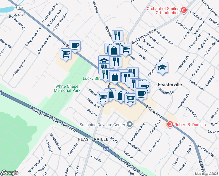 map of restaurants, bars, coffee shops, grocery stores, and more near in Feasterville-Trevose