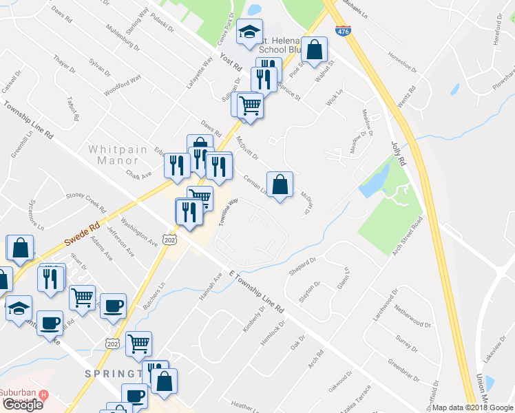 map of restaurants, bars, coffee shops, grocery stores, and more near 2121 Townline Drive in Blue Bell