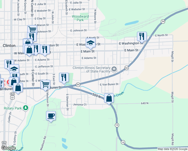 map of restaurants, bars, coffee shops, grocery stores, and more near 307 South Moore Street in Clinton