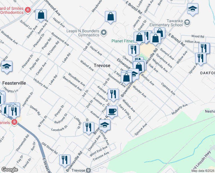 map of restaurants, bars, coffee shops, grocery stores, and more near 532 Avenue F in Feasterville-Trevose
