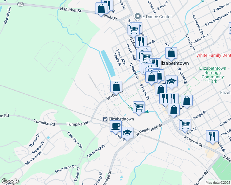 map of restaurants, bars, coffee shops, grocery stores, and more near 317 West High Street in Elizabethtown