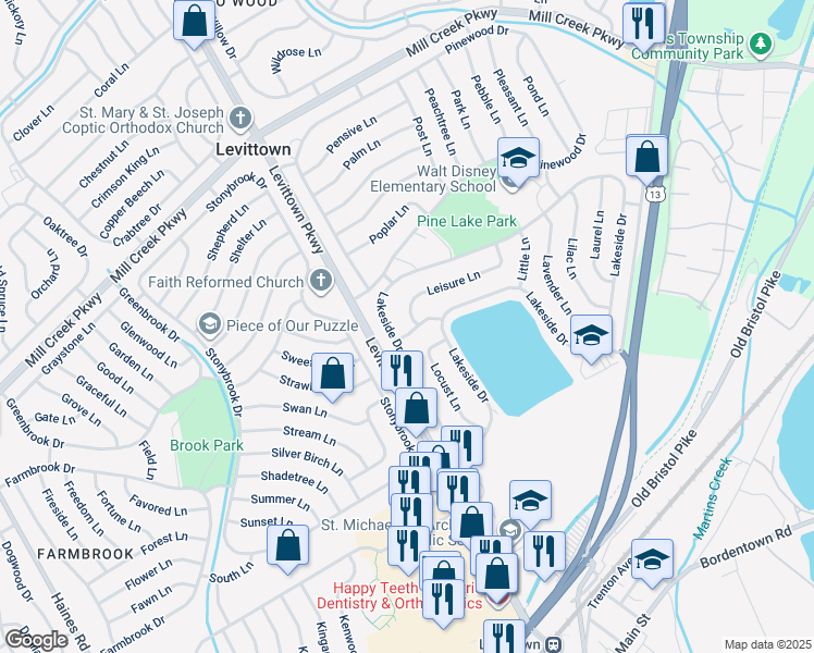 map of restaurants, bars, coffee shops, grocery stores, and more near 7 Linden Lane in Levittown