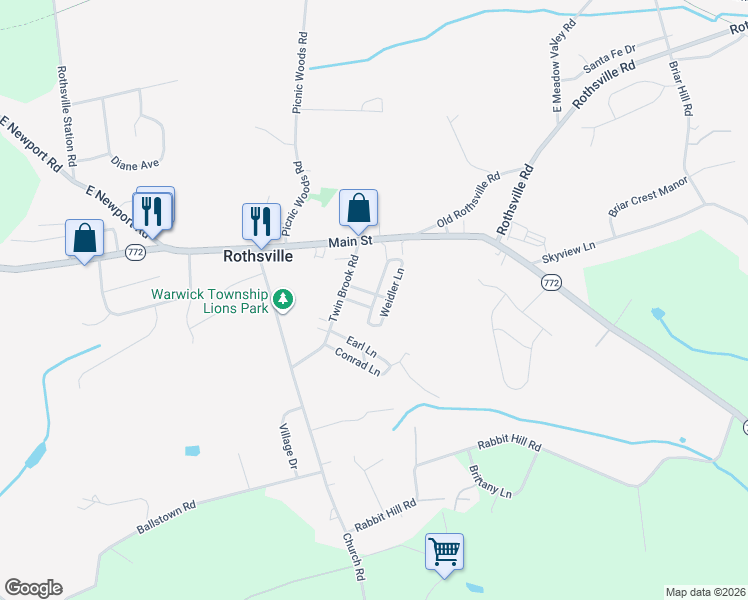 map of restaurants, bars, coffee shops, grocery stores, and more near 15 Twin Brook Road in Lititz