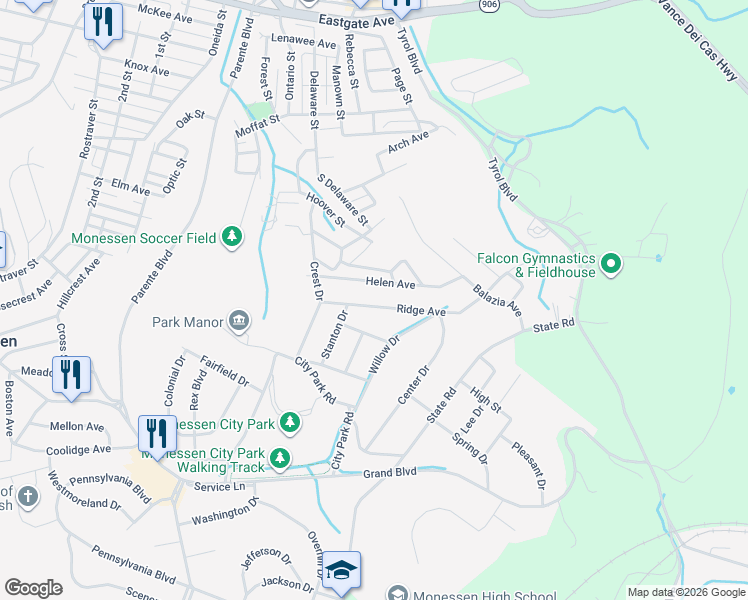 map of restaurants, bars, coffee shops, grocery stores, and more near 365 Helen Avenue in Monessen