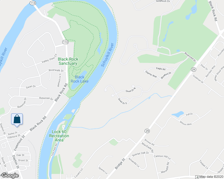 map of restaurants, bars, coffee shops, grocery stores, and more near 54 Quail Drive South in Phoenixville