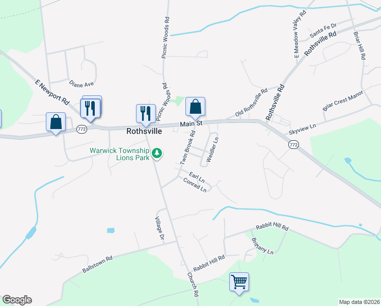 map of restaurants, bars, coffee shops, grocery stores, and more near 15 Twin Brook Road in Lititz