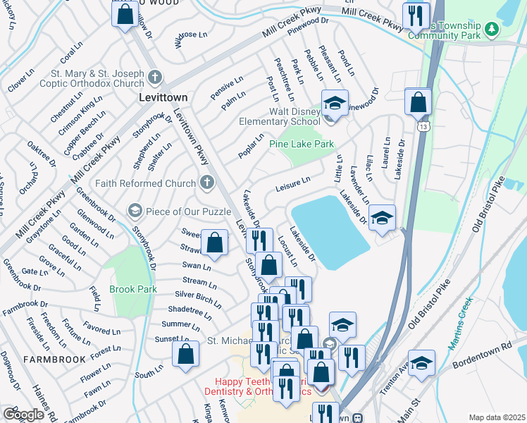 map of restaurants, bars, coffee shops, grocery stores, and more near 7 Linden Lane in Levittown