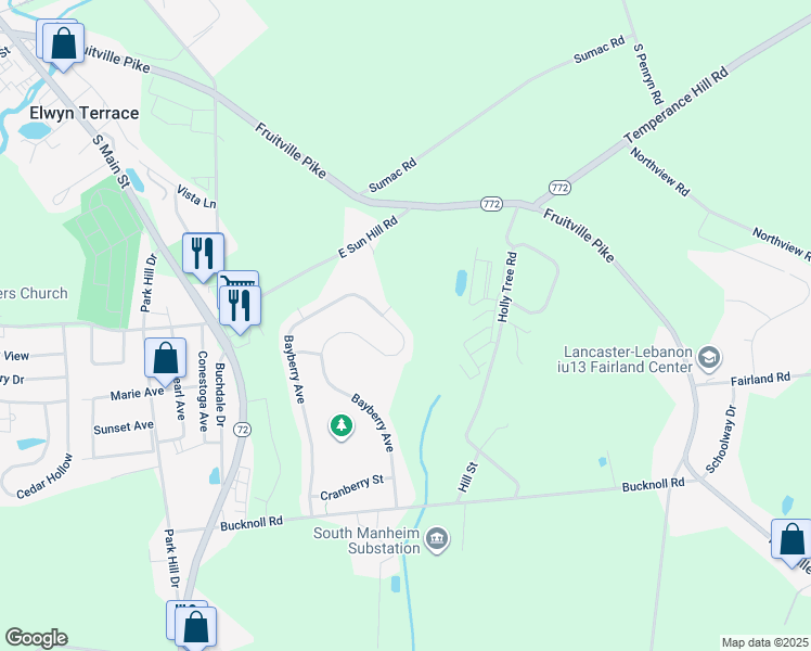 map of restaurants, bars, coffee shops, grocery stores, and more near 6197 Bayberry Avenue in Manheim