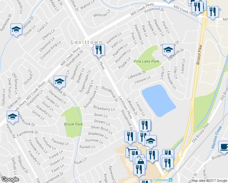 map of restaurants, bars, coffee shops, grocery stores, and more near 509 Stonybrook Drive in Levittown