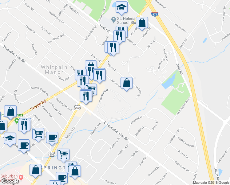 map of restaurants, bars, coffee shops, grocery stores, and more near 2121 Townline Drive in Blue Bell