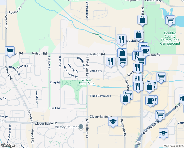 map of restaurants, bars, coffee shops, grocery stores, and more near 2727 Nelson Road in Longmont