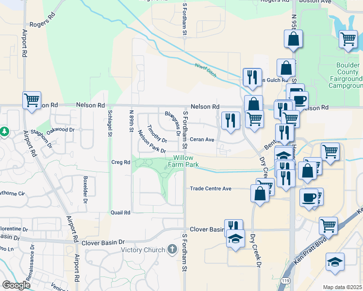 map of restaurants, bars, coffee shops, grocery stores, and more near 813 Nelson Park Lane in Longmont