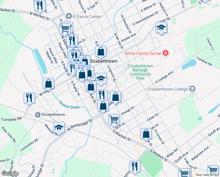 map of restaurants, bars, coffee shops, grocery stores, and more near 125 East Washington Street in Elizabethtown