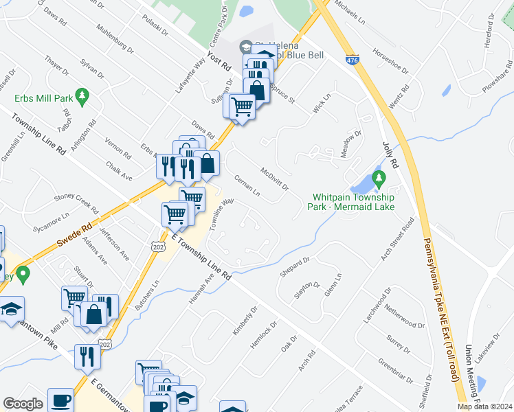 map of restaurants, bars, coffee shops, grocery stores, and more near 2119 Townline Drive in Blue Bell