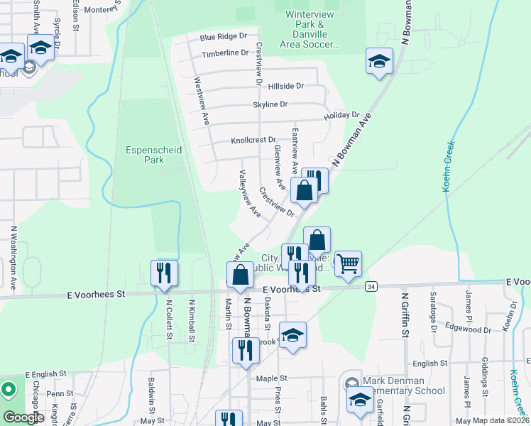 map of restaurants, bars, coffee shops, grocery stores, and more near 1503 Valleyview Avenue in Danville