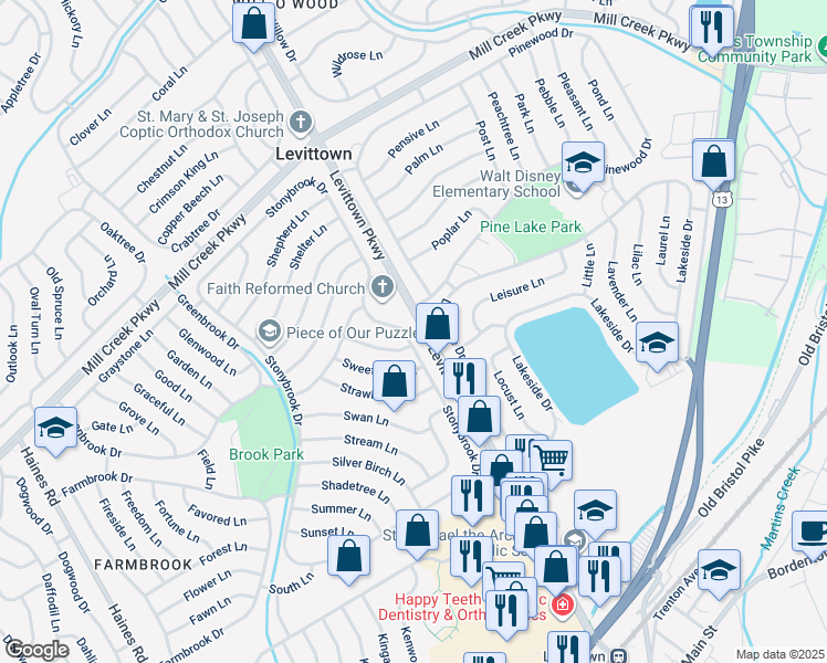 map of restaurants, bars, coffee shops, grocery stores, and more near 509 Stonybrook Drive in Levittown