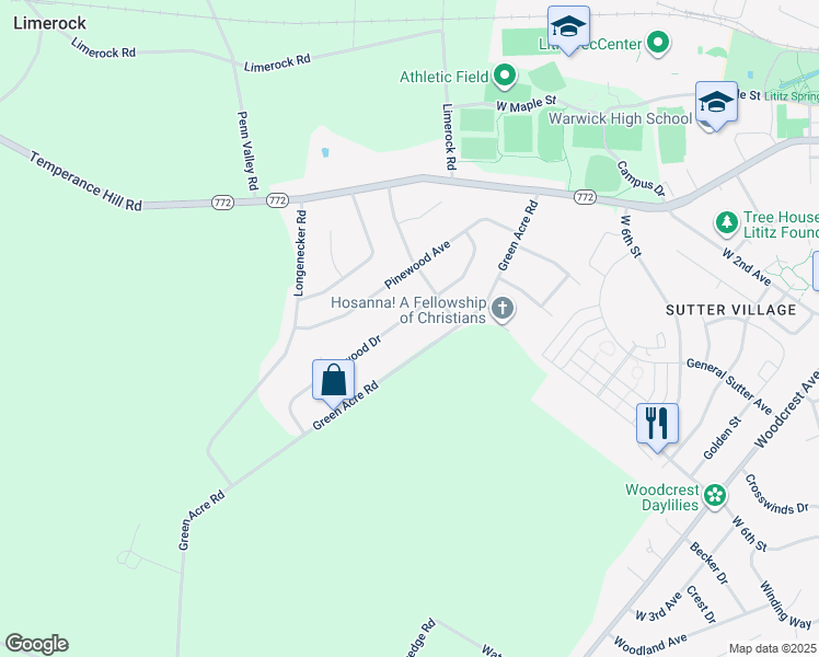 map of restaurants, bars, coffee shops, grocery stores, and more near 32 Buttonwood Drive in Lititz