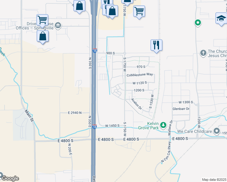 map of restaurants, bars, coffee shops, grocery stores, and more near 1830 1120 South in Springville