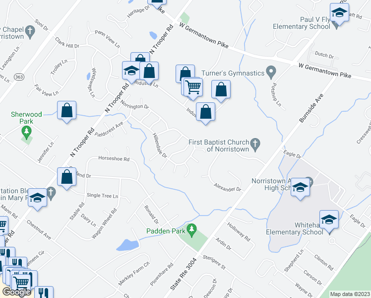 map of restaurants, bars, coffee shops, grocery stores, and more near 1032 Rafter Road in Norristown