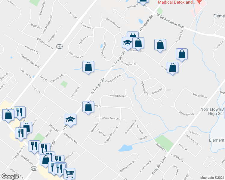 map of restaurants, bars, coffee shops, grocery stores, and more near 383 Farm Circle in Norristown