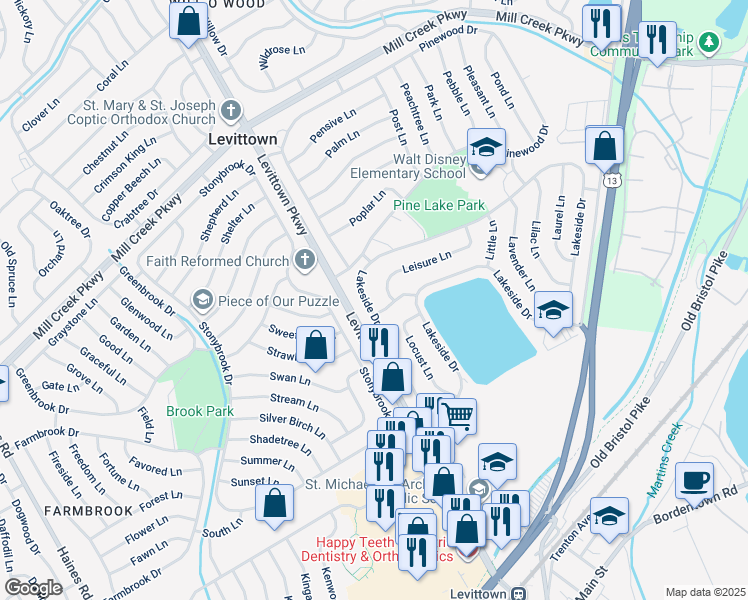 map of restaurants, bars, coffee shops, grocery stores, and more near 76 Lakeside Drive in Levittown