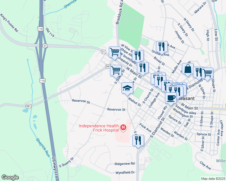 map of restaurants, bars, coffee shops, grocery stores, and more near 131 South Quarry Street in Mount Pleasant
