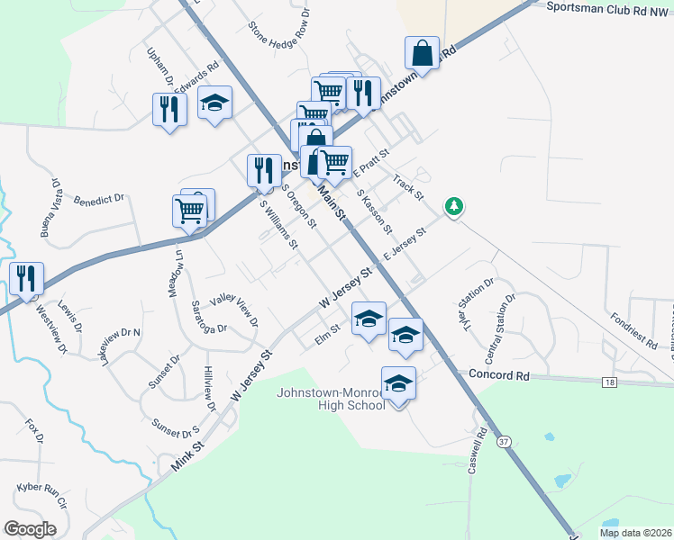 map of restaurants, bars, coffee shops, grocery stores, and more near 45 West College Avenue in Johnstown