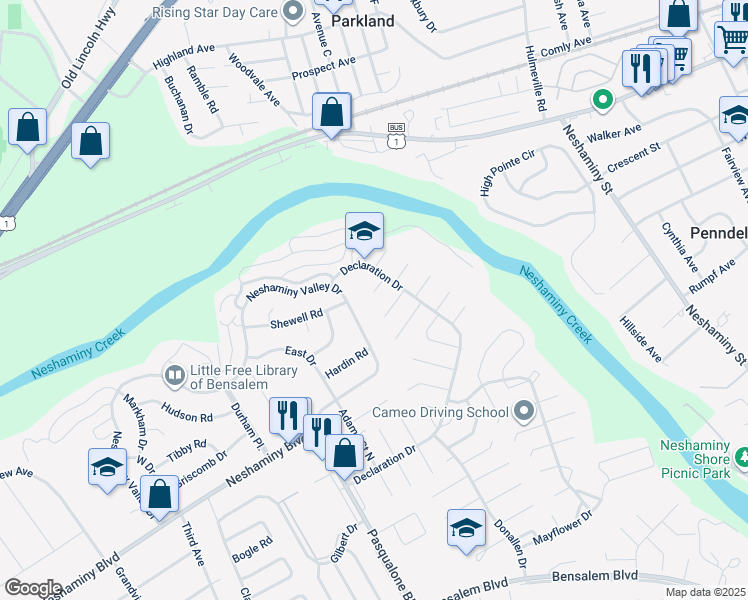 map of restaurants, bars, coffee shops, grocery stores, and more near 2924 Bunker Hill Court in Bensalem
