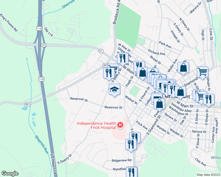 map of restaurants, bars, coffee shops, grocery stores, and more near 131 South Quarry Street in Mount Pleasant