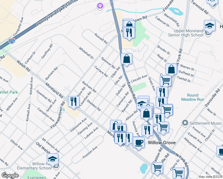 map of restaurants, bars, coffee shops, grocery stores, and more near Ellis Road in Willow Grove