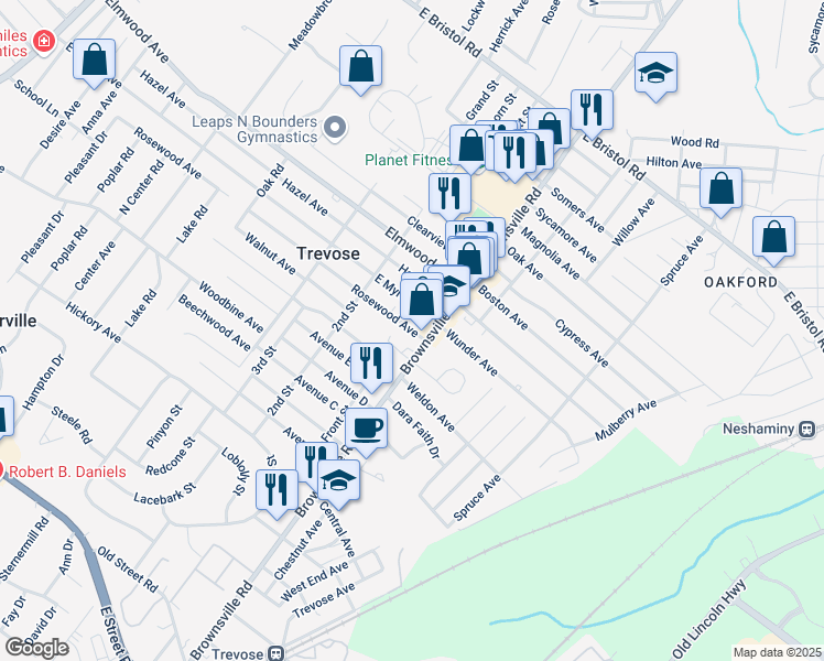 map of restaurants, bars, coffee shops, grocery stores, and more near 666 Rosewood Avenue in Feasterville-Trevose