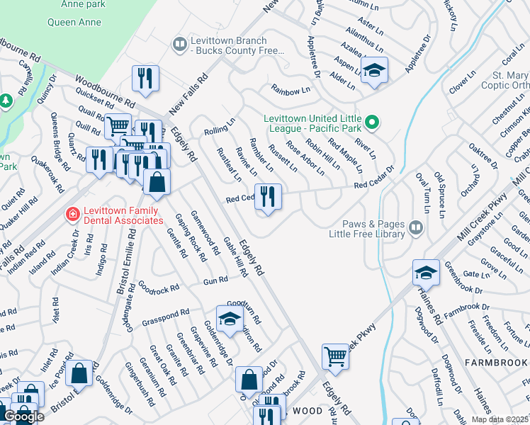 map of restaurants, bars, coffee shops, grocery stores, and more near 27 Roundabout Lane in Levittown