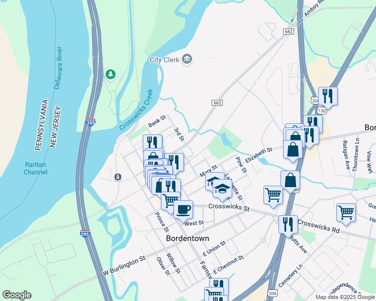map of restaurants, bars, coffee shops, grocery stores, and more near 1 3rd Street in Bordentown