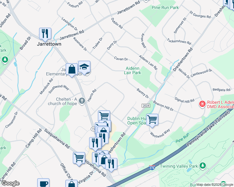 map of restaurants, bars, coffee shops, grocery stores, and more near 1346 Harris Road in Dresher