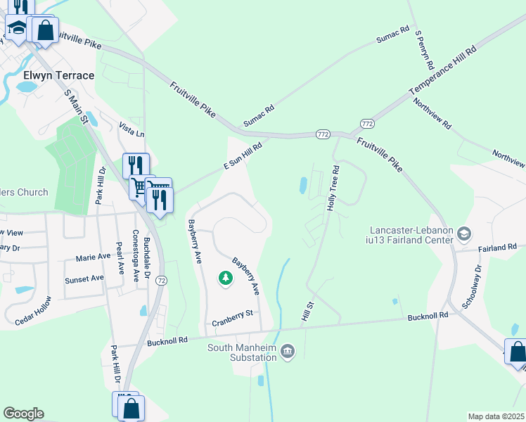 map of restaurants, bars, coffee shops, grocery stores, and more near 6193 Bayberry Avenue in Manheim