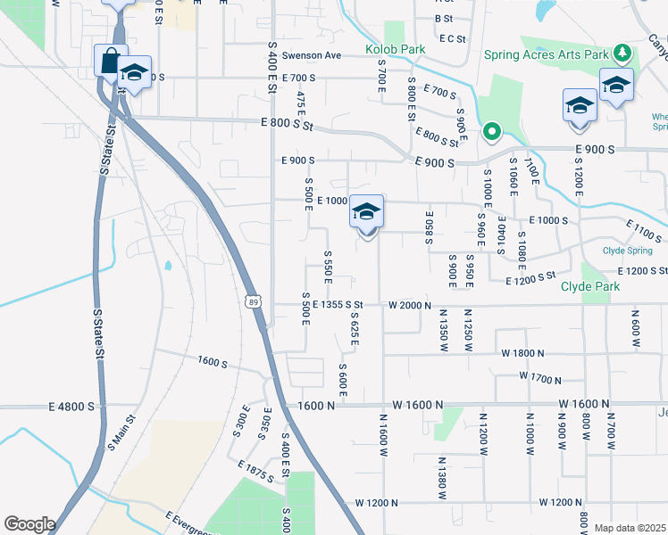 map of restaurants, bars, coffee shops, grocery stores, and more near 1243 South 550 East in Springville
