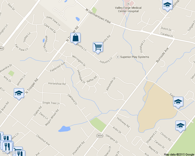 map of restaurants, bars, coffee shops, grocery stores, and more near 1042 Rafter Road in Norristown