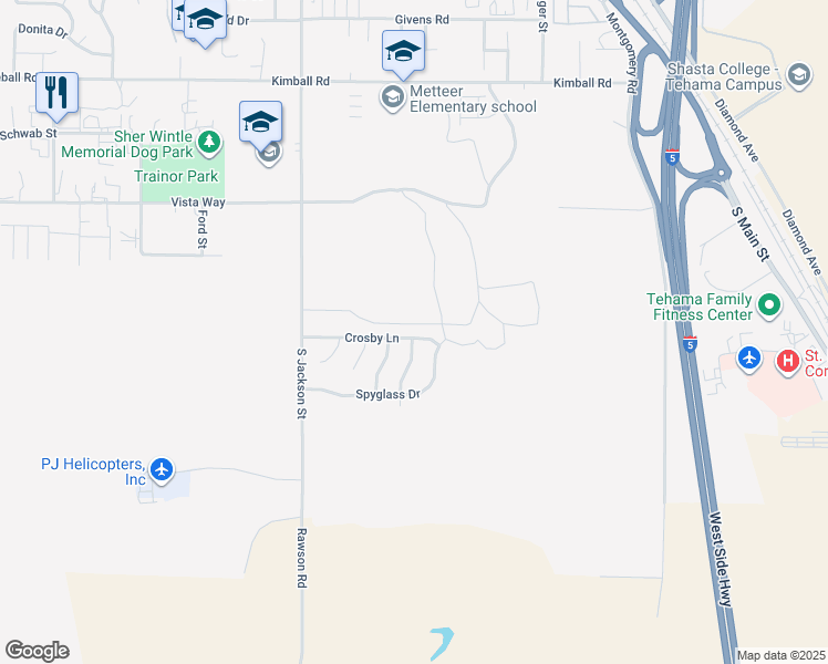 map of restaurants, bars, coffee shops, grocery stores, and more near 630 Crosby Lane in Red Bluff